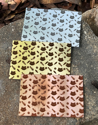 XLP0148 = Cats and Fish Bones Laser Engraved Metal Sheet 3x2" = Textured Jewelry Blank = Copper, Brass & More