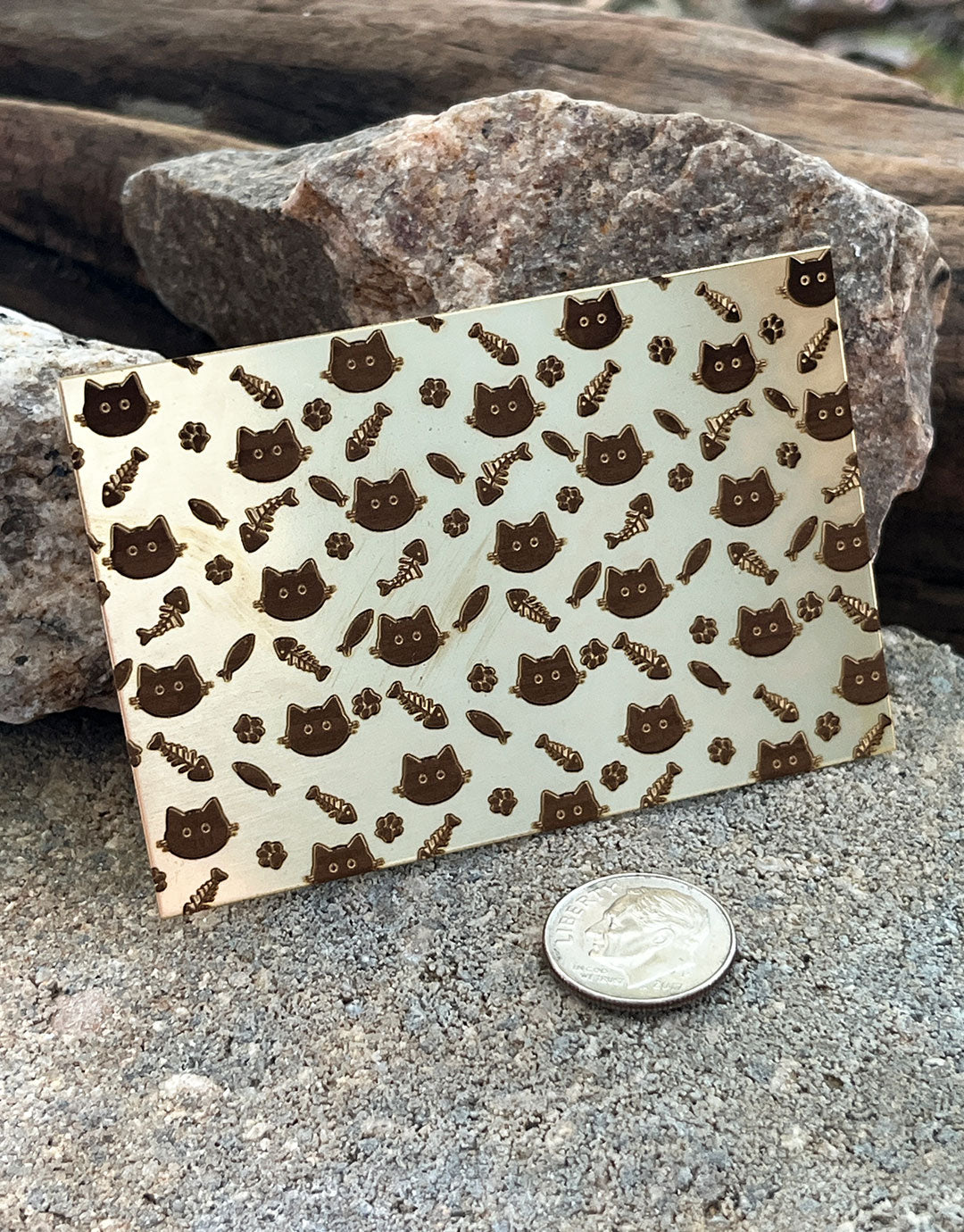 XLP0148 = Cats and Fish Bones Laser Engraved Metal Sheet 3x2" = Textured Jewelry Blank = Copper, Brass & More