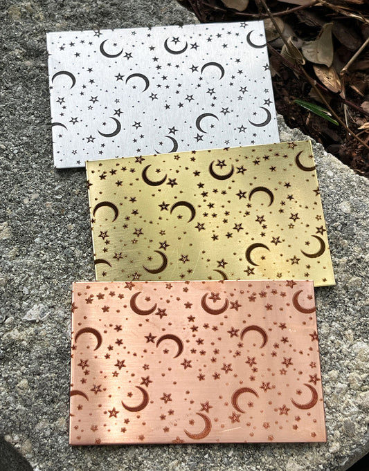 XLP0160 = Moons and Stars Laser Engraved Metal Sheet 3x2" = Textured Jewelry Blank = Copper, Brass & More