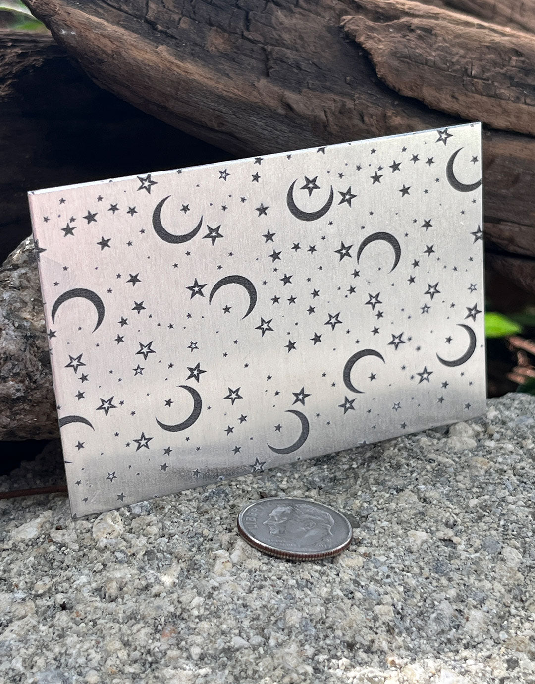 XLP0160 = Moons and Stars Laser Engraved Metal Sheet 3x2" = Textured Jewelry Blank = Copper, Brass & More