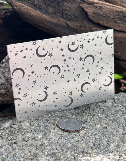 XLP0160 = Moons and Stars Laser Engraved Metal Sheet 3x2" = Textured Jewelry Blank = Copper, Brass & More