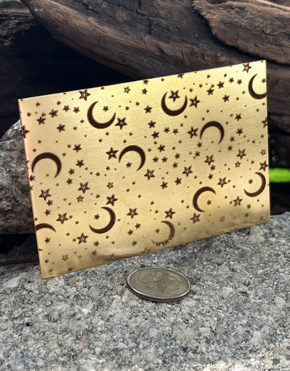 XLP0160 = Moons and Stars Laser Engraved Metal Sheet 3x2" = Textured Jewelry Blank = Copper, Brass & More
