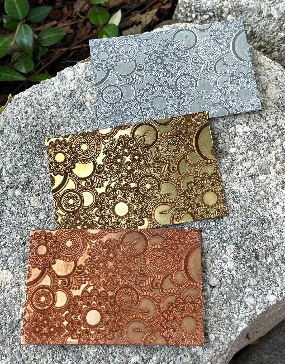 XLP0165 = Floral Discs Laser Engraved Metal Sheet 3x2" = Textured Jewelry Blank = Copper, Brass & More