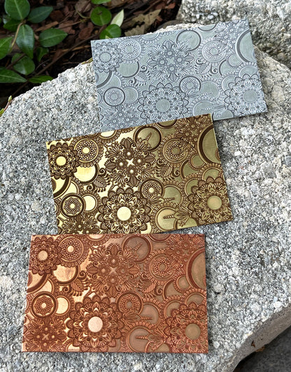 XLP0165 = Floral Discs Laser Engraved Metal Sheet 3x2" = Textured Jewelry Blank = Copper, Brass & More