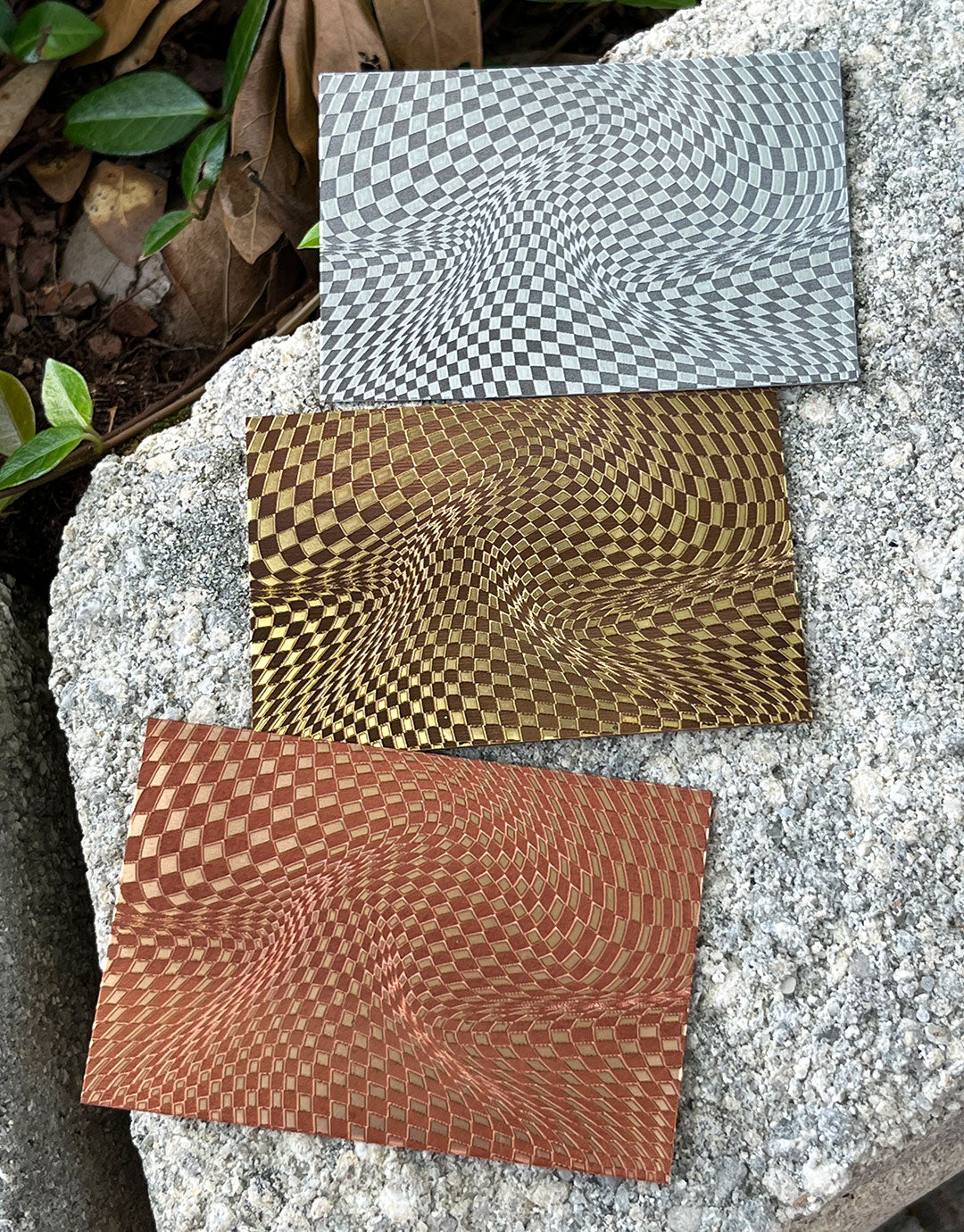 XLP0168 = Warped Checkerboard Laser Engraved Metal Sheet 3x2" = Textured Jewelry Blank = Copper, Brass & More