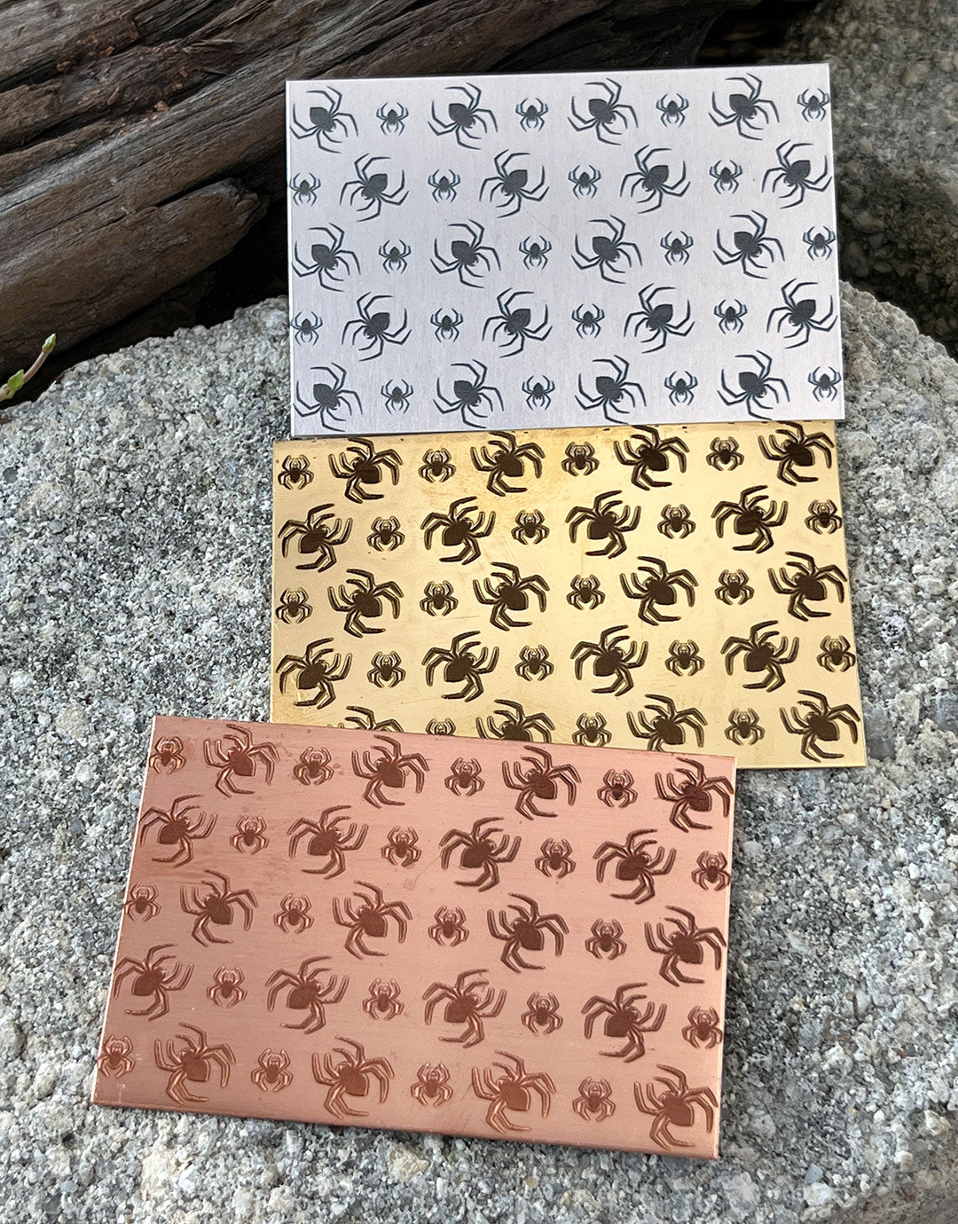 XLP0170 = Spiders Laser Engraved Metal Sheet 3x2" = Textured Jewelry Blank = Copper, Brass & More