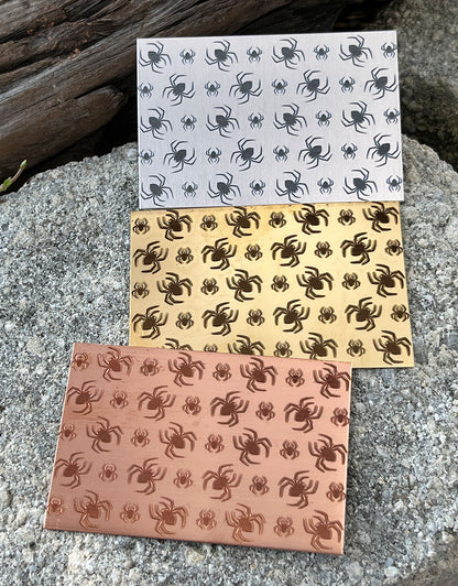 XLP0170 = Spiders Laser Engraved Metal Sheet 3x2" = Textured Jewelry Blank = Copper, Brass & More