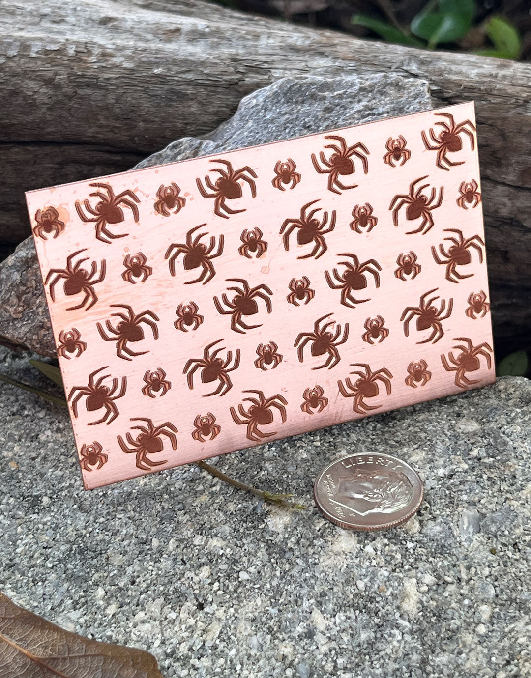 XLP0170 = Spiders Laser Engraved Metal Sheet 3x2" = Textured Jewelry Blank = Copper, Brass & More