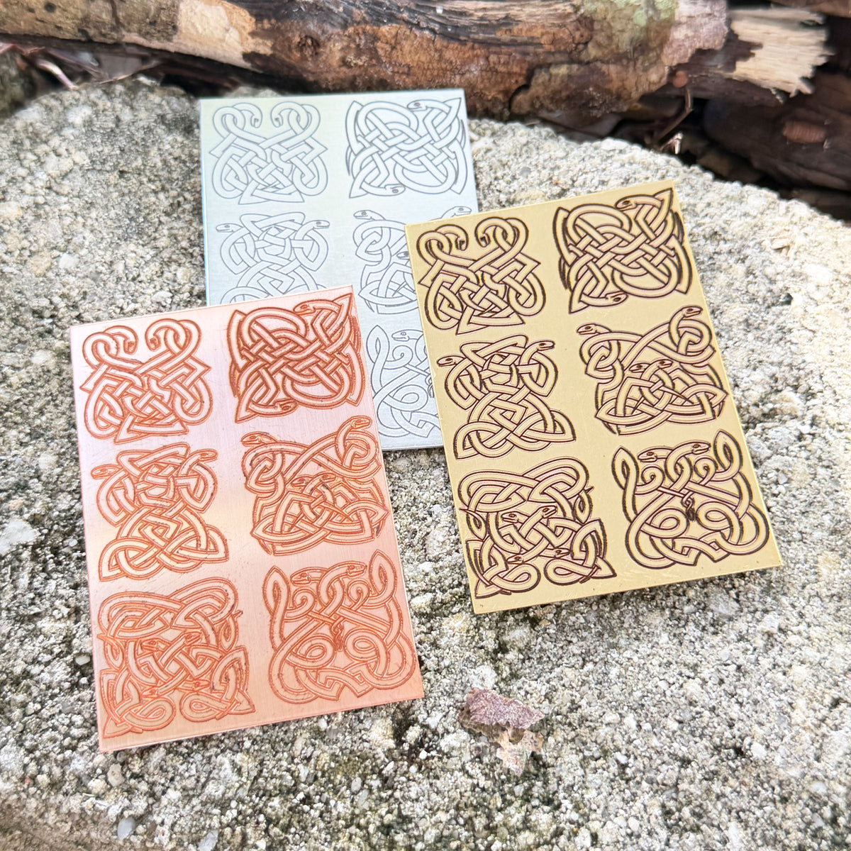 XLP0174 = Celtic Snake Knots Laser Engraved Metal Sheet 3x2" = Textured Jewelry Blank = Copper, Brass & More