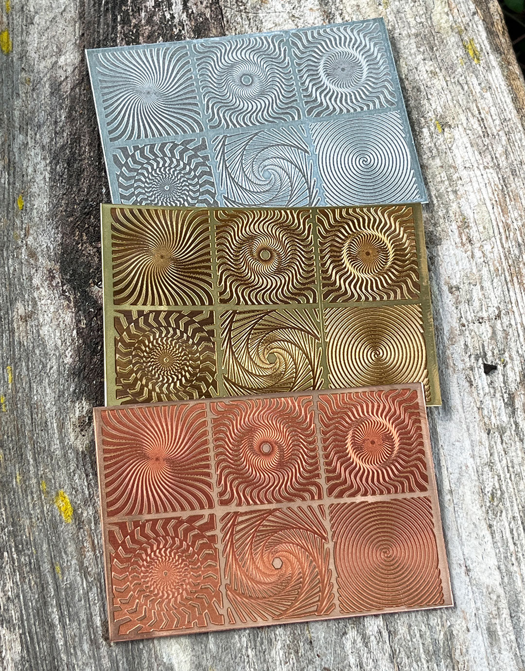 XLP0181 = Spiral Panels Laser Engraved Metal Sheet 3x2" = Textured Jewelry Blank = Copper, Brass & More