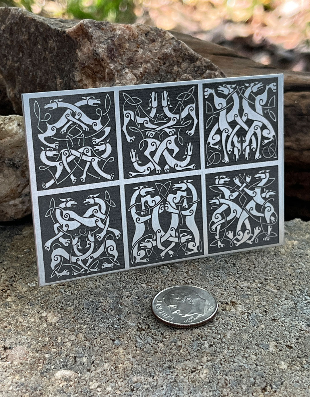 XLP0183 = Celtic Dogs and Wolves Laser Engraved Metal Sheet 3x2" = Textured Jewelry Blank = Copper, Brass & More