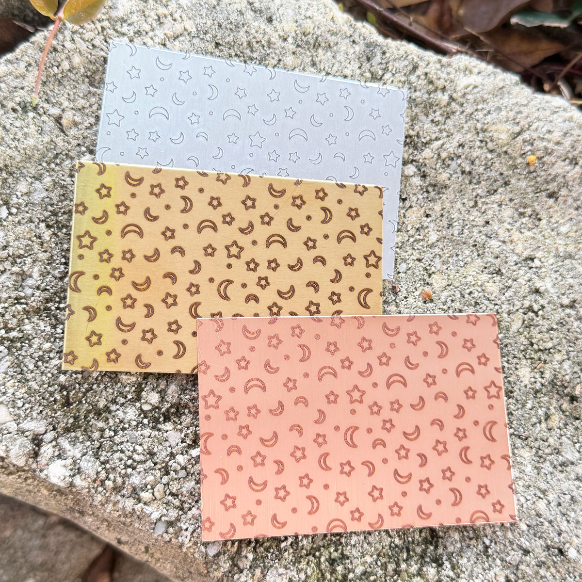 XLP0189 = Moons and Stars Laser Engraved Metal Sheet 3x2" = Textured Jewelry Blank = Copper, Brass & More