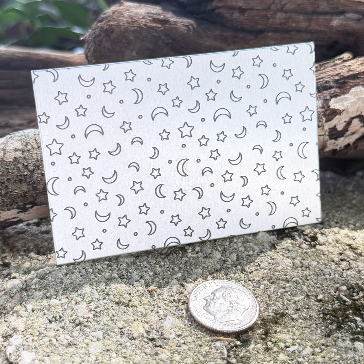 XLP0189 = Moons and Stars Laser Engraved Metal Sheet 3x2" = Textured Jewelry Blank = Copper, Brass & More