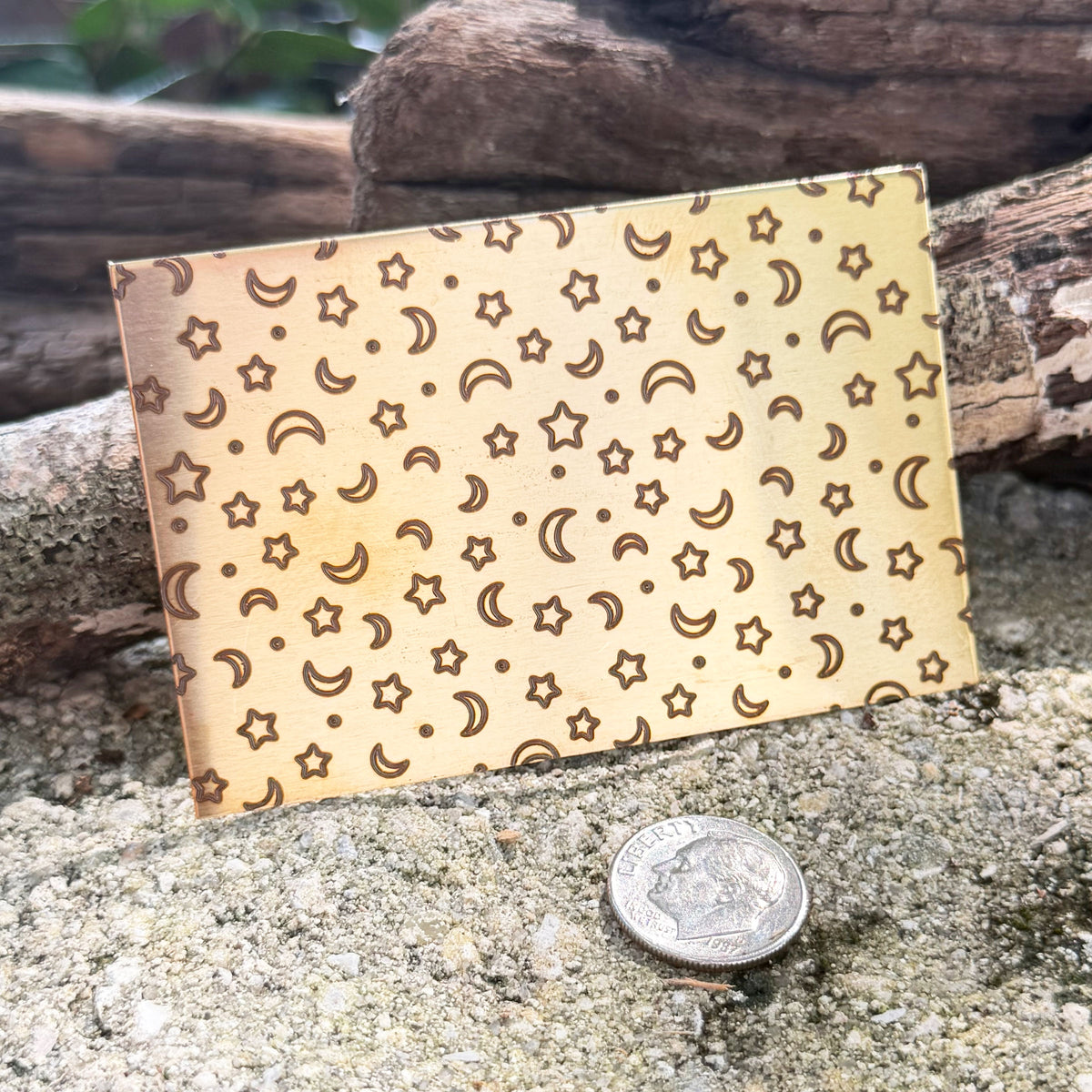 XLP0189 = Moons and Stars Laser Engraved Metal Sheet 3x2" = Textured Jewelry Blank = Copper, Brass & More