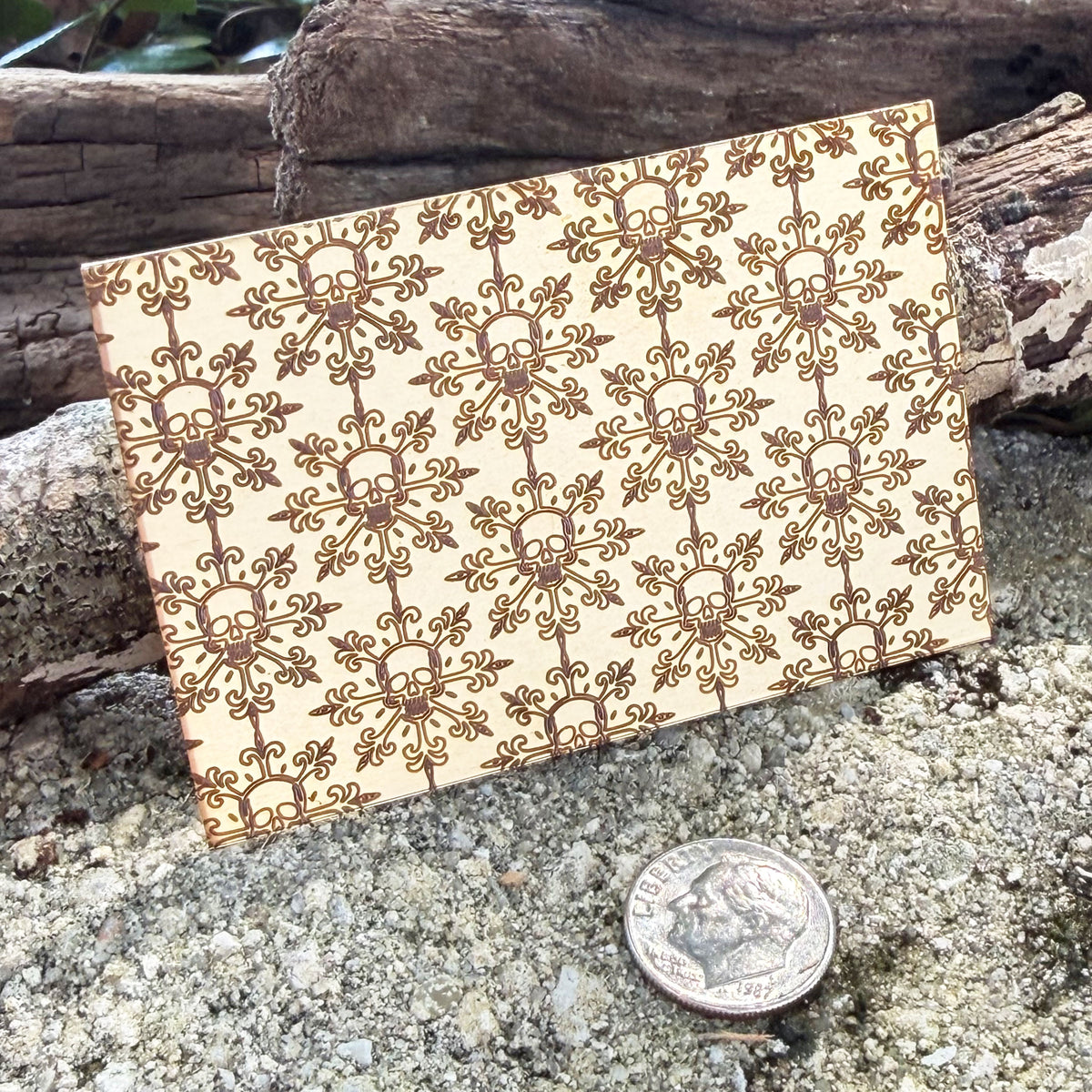 XLP0192 = Skull Snowflakes Laser Engraved Metal Sheet 3x2" = Textured Jewelry Blank = Copper, Brass & More